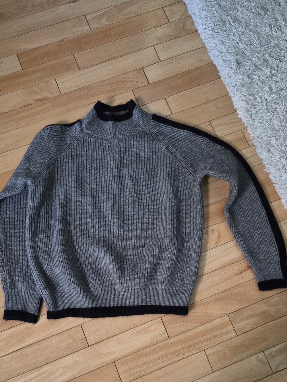 Men's And Women Grey Ribbed Crew Sweater with Black Trim